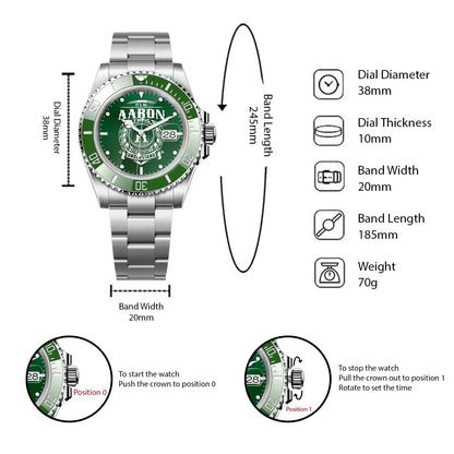 AARON 13K1-440 Personalized Green Submariner Watch, Premium Gift for Anniversary