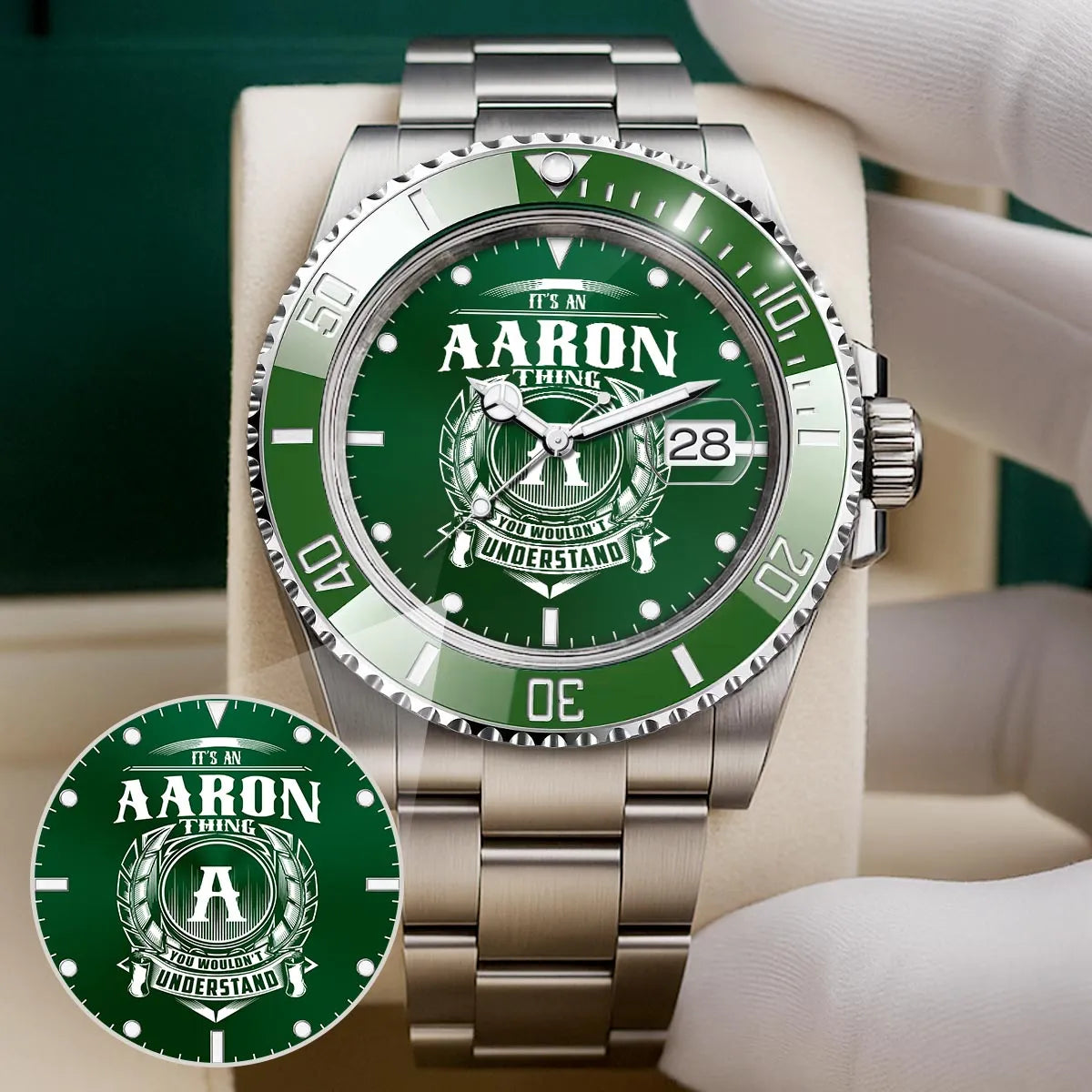 AARON 13K1-440 Personalized Green Submariner Watch, Premium Gift for Anniversary
