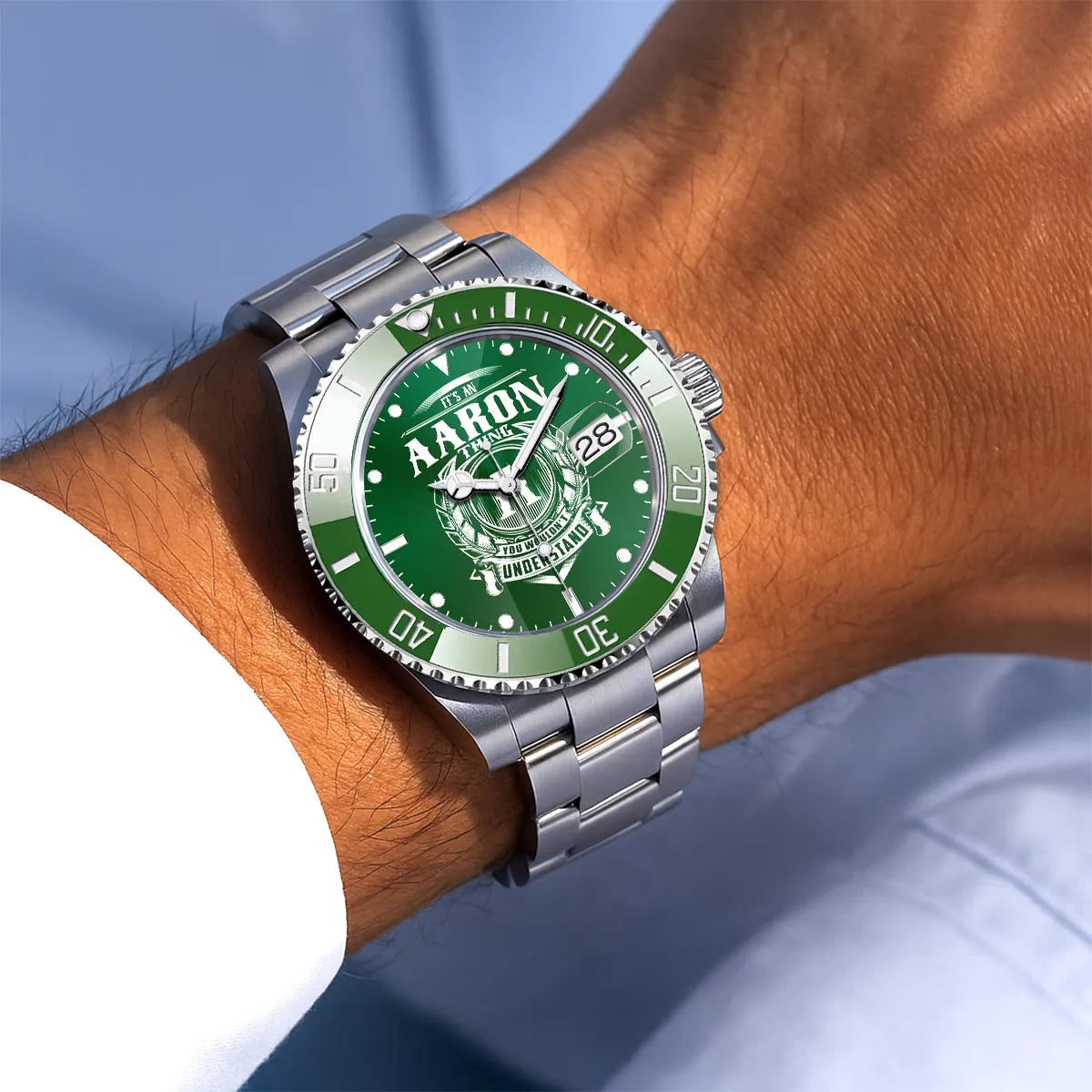 AARON 13K1-440 Personalized Green Submariner Watch, Premium Gift for Anniversary